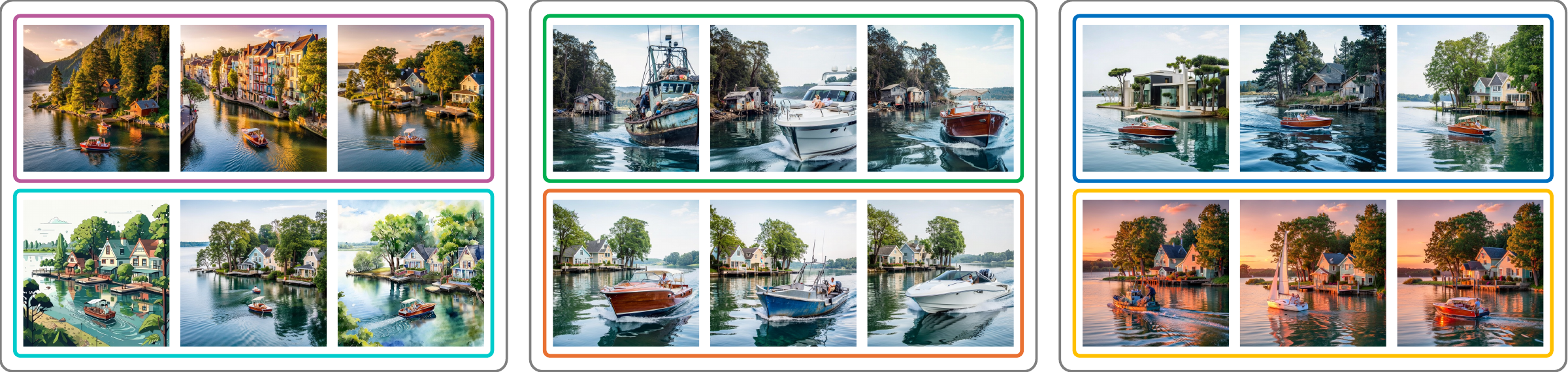 Semantic Browsing result gallery for the prompt: A boat passes by waterfront houses flanked by trees.