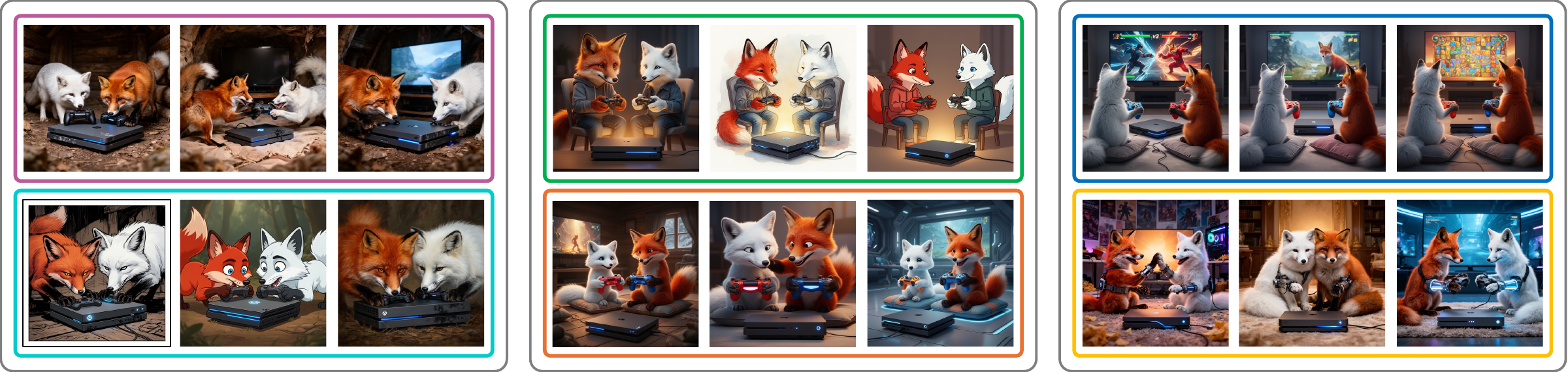 Semantic Browsing FLUX.2 result gallery for the prompt: A red fox and a white fox playing a video game.