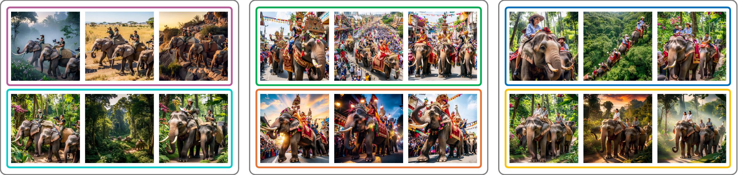 Semantic Browsing result gallery for the prompt: A group of people riding on a group of elephants.