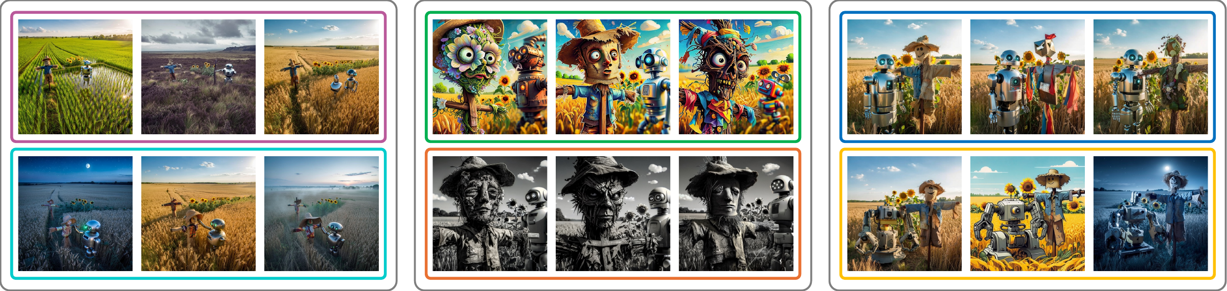 Semantic Browsing result gallery for the prompt: A robot and a scarecrow in a field.