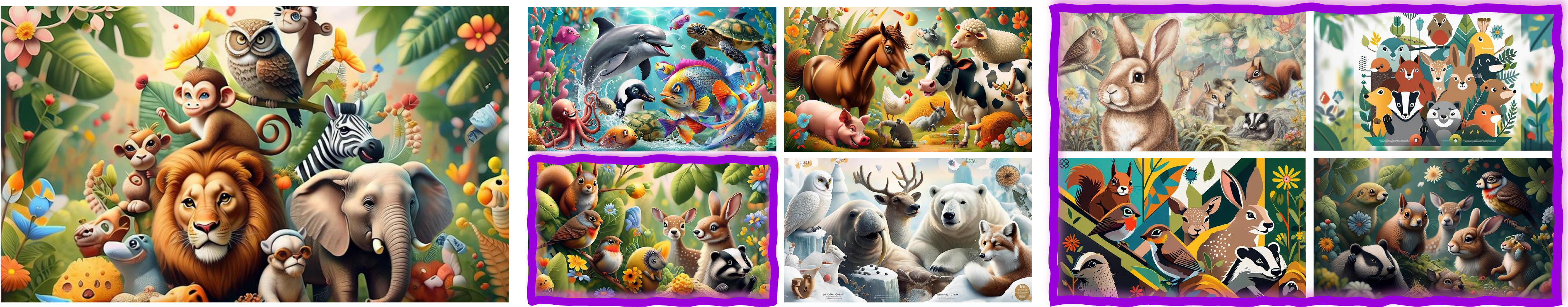 Structured gallery of lion and tiger image variations generated from a single prompt.
